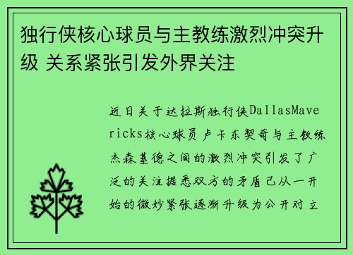 独行侠核心球员与主教练激烈冲突升级 关系紧张引发外界关注