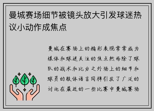 曼城赛场细节被镜头放大引发球迷热议小动作成焦点 曼城赛场细节被镜头放大引发球迷热议小动作成焦点