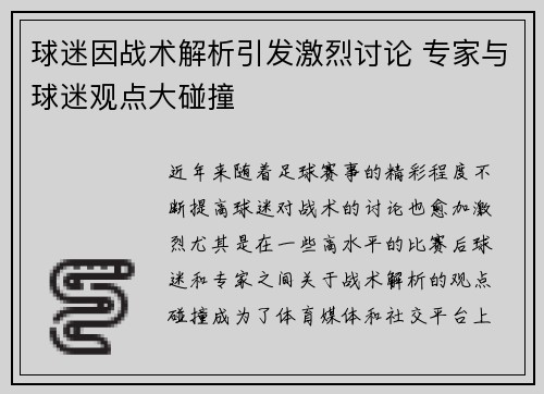 球迷因战术解析引发激烈讨论 专家与球迷观点大碰撞