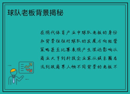 球队老板背景揭秘
